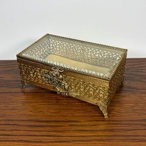 Vintage Ormolu Brass Filigree Jewelry Cascet Box Bevel Glass Tufted Velvet Lined